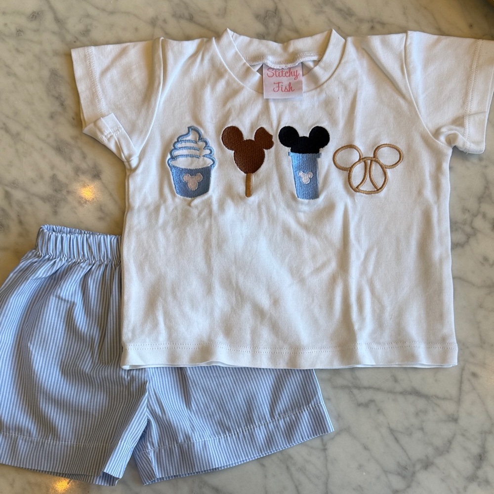 Stitchy Fish White Mickey Snacks Tee & Blue Striped Shorts Set